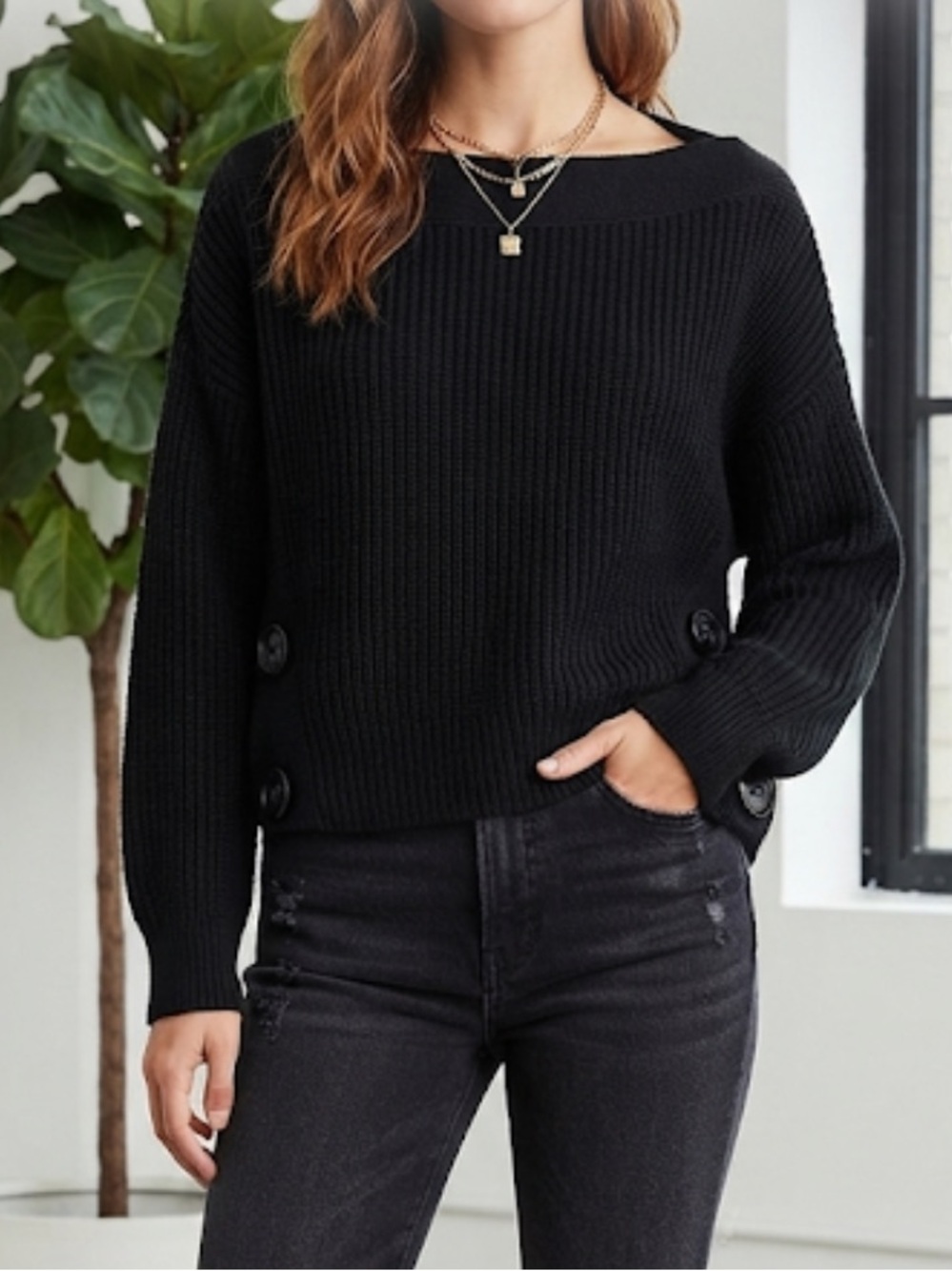 TOPSHOP Boatneck Sweater Black Chunky Ribbed Knit Side Button Size 6